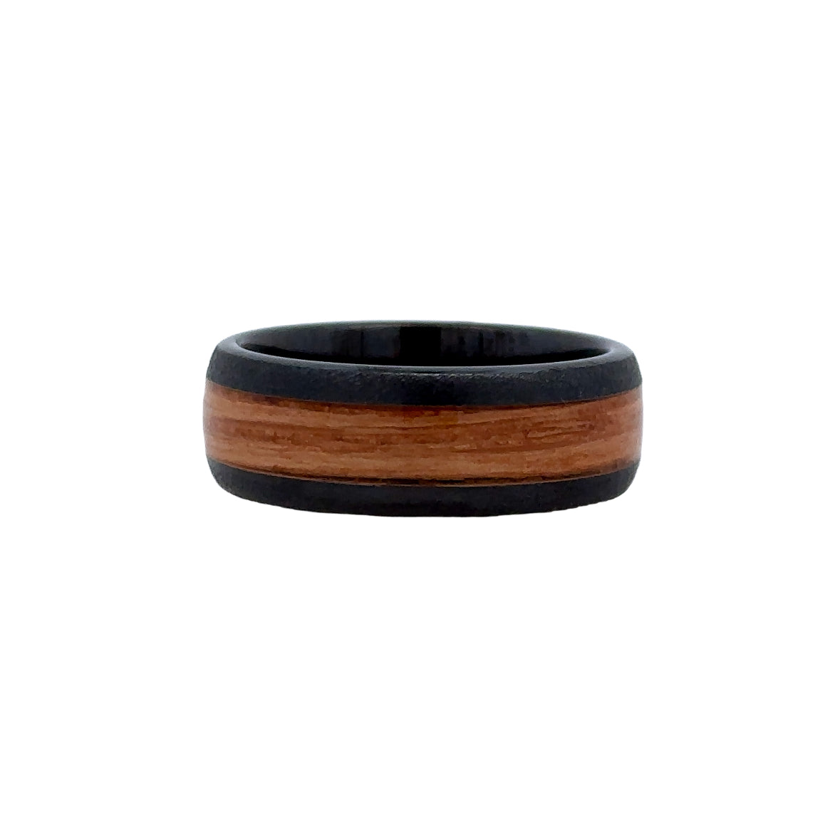 Gent's Black Polished Ceramic 8Mm Domed Band With 4Mm Single Malt Grain Barrel Aged Wood Gents Ring Size 9.5