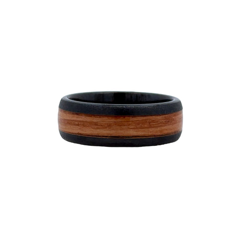 Gent's Black Polished Ceramic 8Mm Domed Band With 4Mm Single Malt Grain Barrel Aged Wood Gents Ring Size 9.5