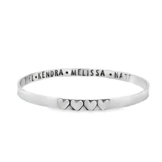 Lady's White Sterling Silver Brushed Secret Love Bangle With Four Hear