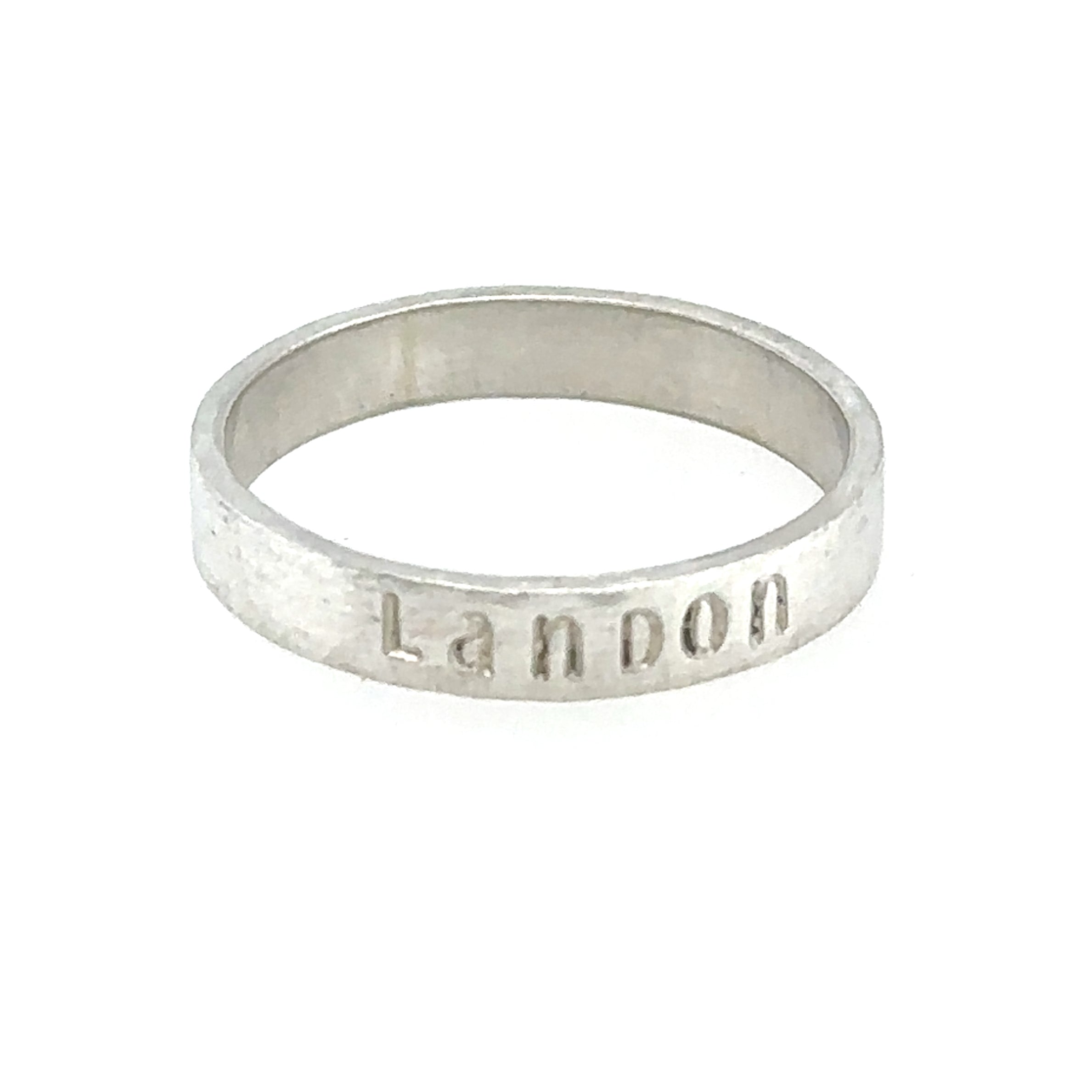 Lady's White Sterling Silver Hammered Skinny Message Name Ring
