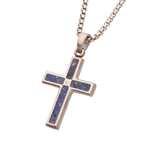 White Stainless Steel Lapis Inlay Cross On A 22" Chain Fashion Jewelry