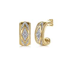 14K Yellow Gold Bujukan Diamond J Hoop Earrings with 0.24tw Round G/H Si1 Diamonds