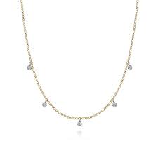14 Karat White and Yellow Gold Necklace with Diamond Droplet Stations, with 0.05tw Round Brilliant Cut G/H Si2 Diamonds