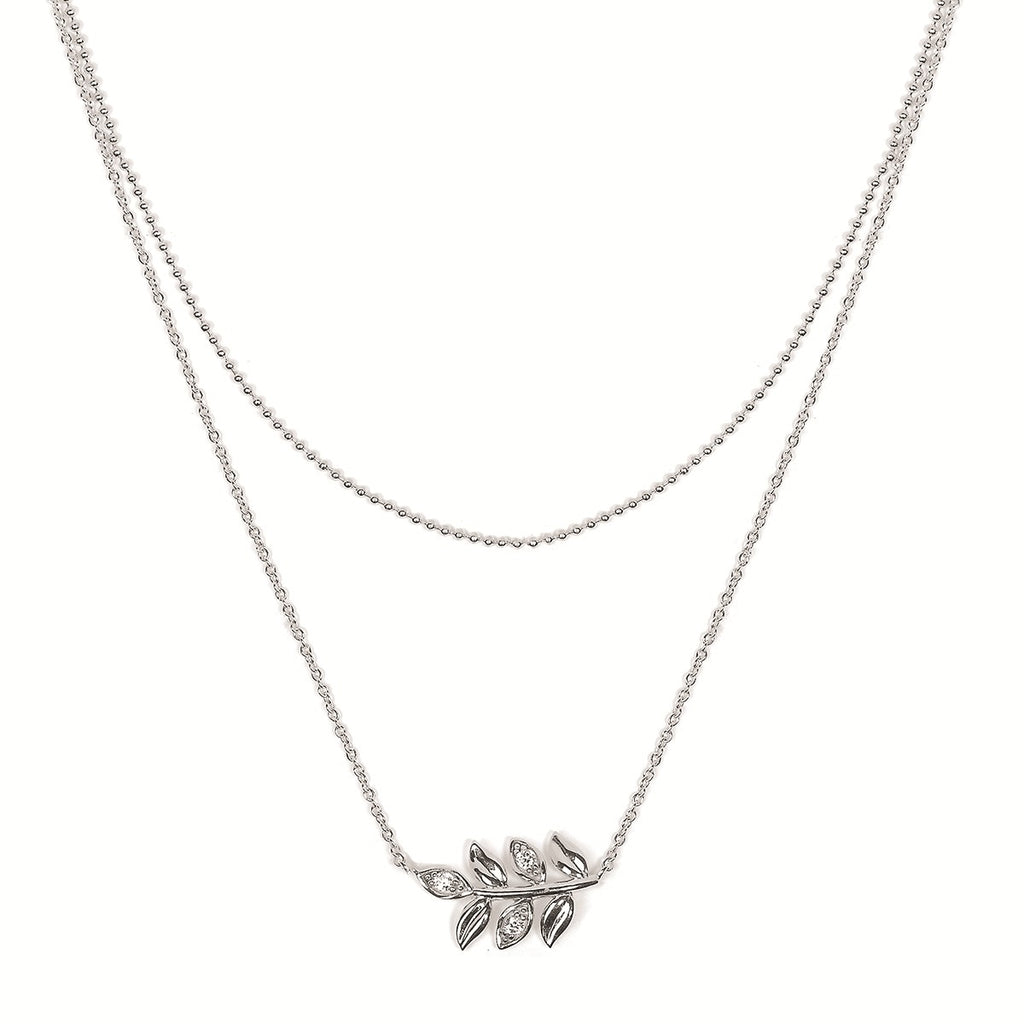Lady's White Sterling Silver Double Chain, Leaf Necklace 3 = 0.06tw Ro