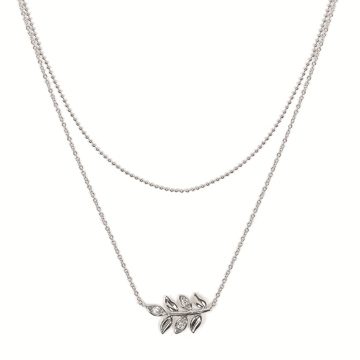 Lady's White Sterling Silver Double Chain, Leaf Necklace 3 = 0.06tw Ro