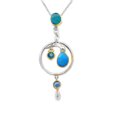 Tt Sterling Silver/22K Gold Vermeil Circle Wave With Dangle Gemstones