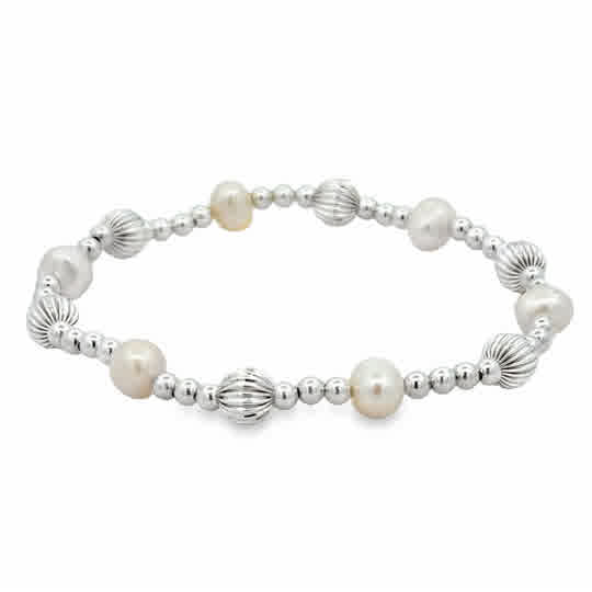 3mm Sterling Silver Beads w/6mm SS Twist Beads & Pearls 7''