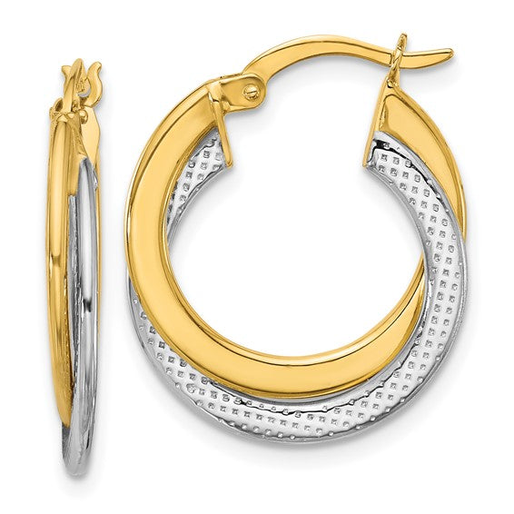 Double Smooth & Textured Medium Hoop Earrings | 10k White/Yellow