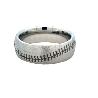 White Serinium Stone 8Mm Dome, Laser Baseball Wedding Band Size 10