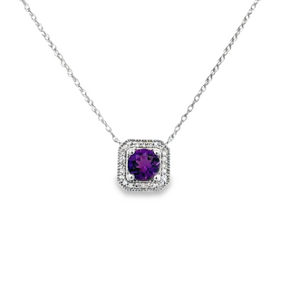 Lady's White 10 Karat Stationary, Cushion Halo Necklace With One 0.375