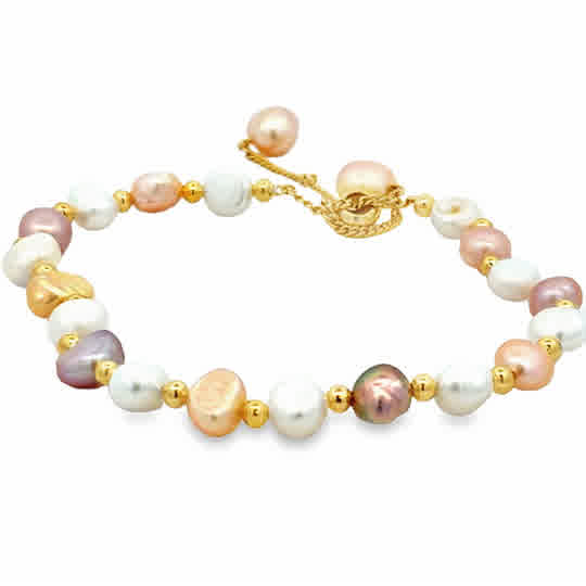 This chic bracelet is made of 6mm cultured multi color pearls with yellow gold plated chain. The chain can be adjusted from 6 inch to 9 inch.