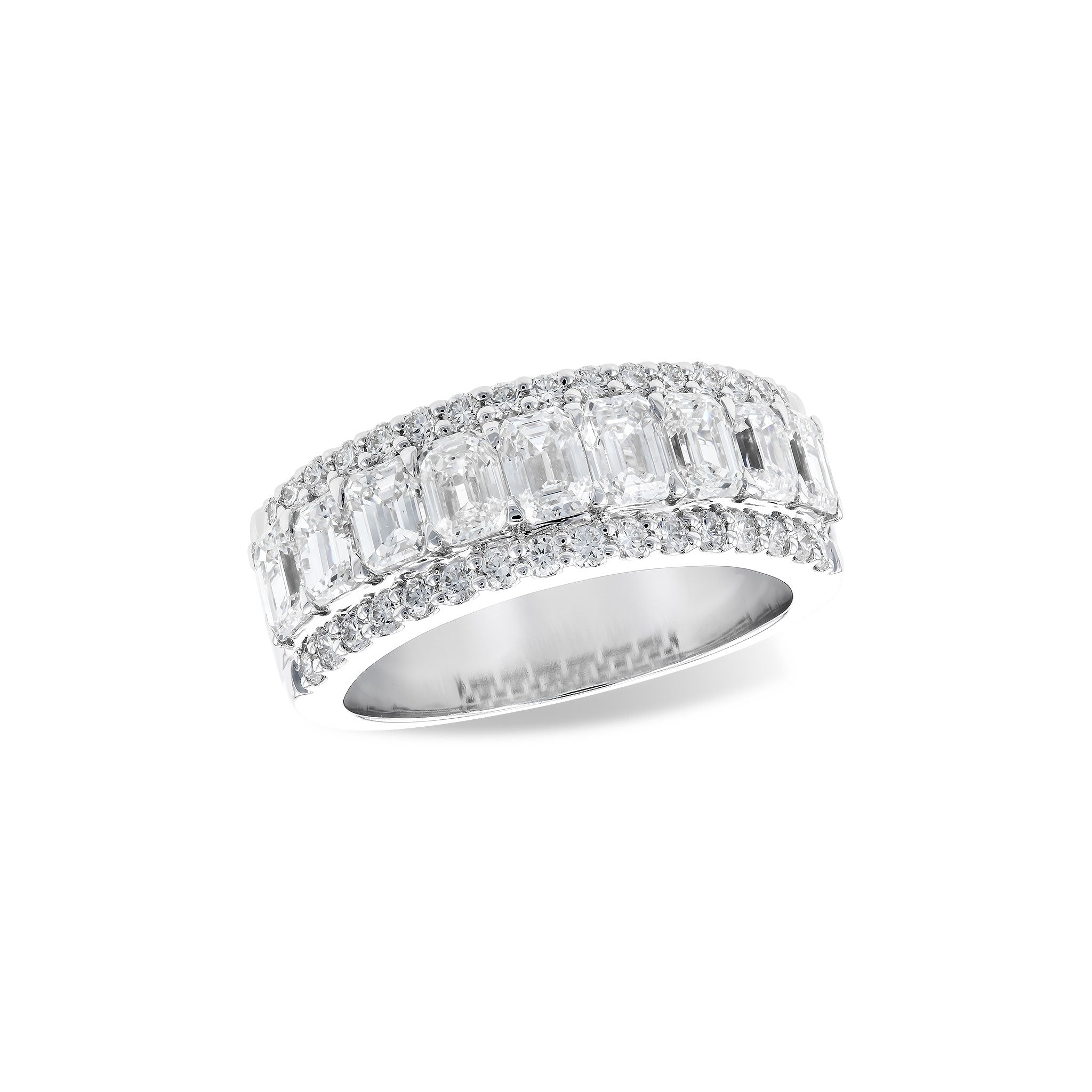 14 Karat White Gold Three Row Anniversary Ring with 2.11ctw Emerald and .44ctw Round Brilliant Cut Diamonds