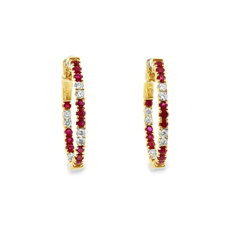 14 Karat Yellow Gold Prong Set Hoops with .80ctw Round Rubies and .33ctw Round Diamonds