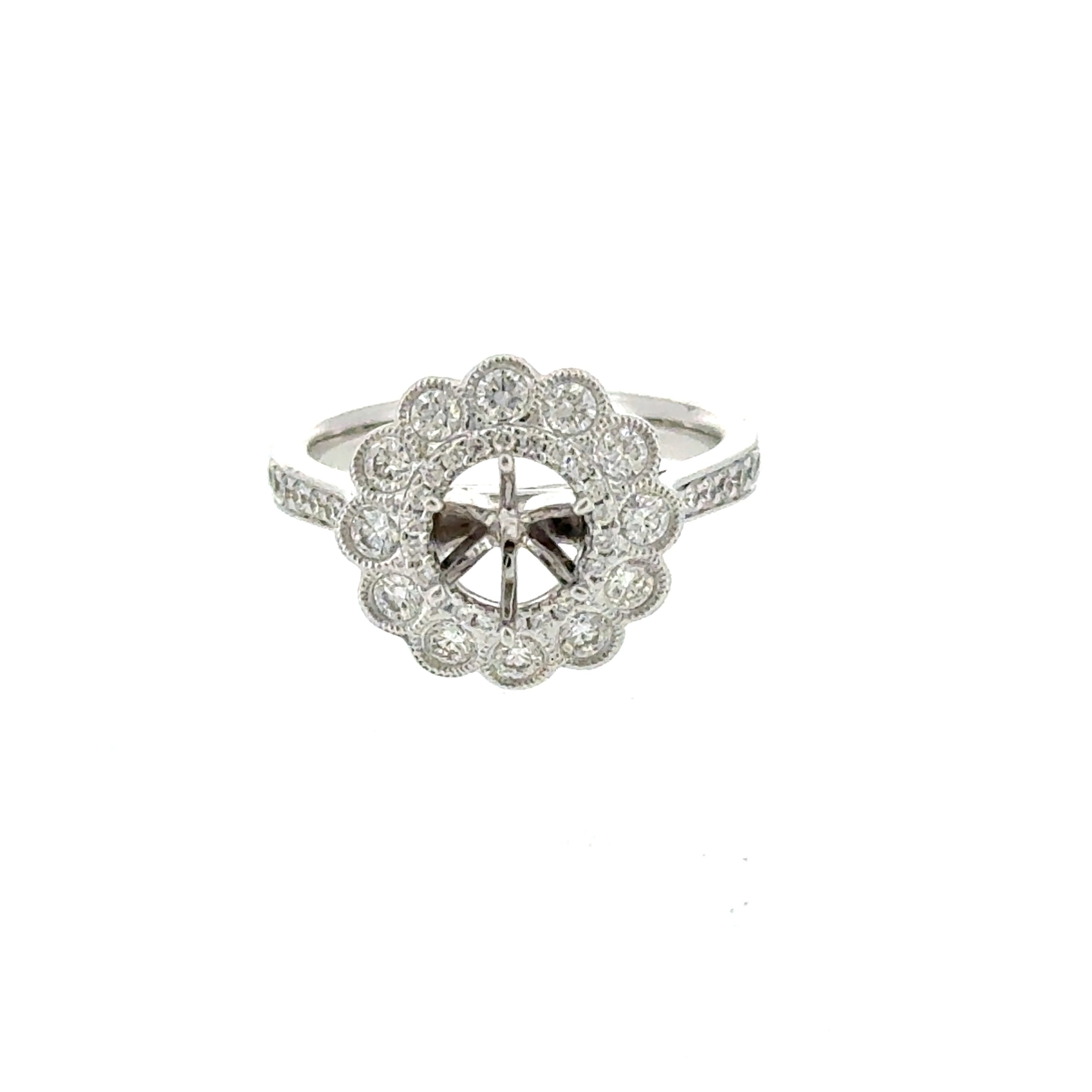 14 Karat White Gold Vintage Halo Semi Mount with .66ctw Round Diamonds