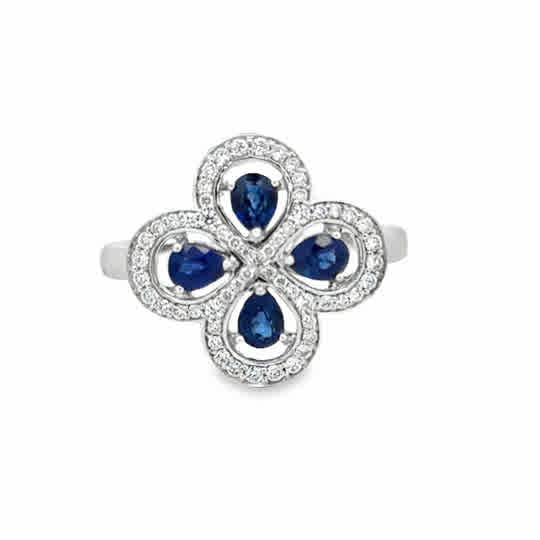 14K White Gold Open Halo Fashion Ring with Sapphires and Diamonds