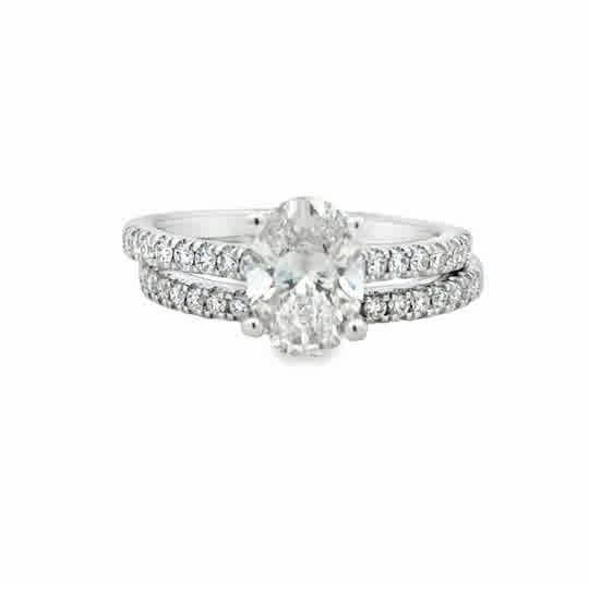 14kw Lab Created Wedding Set with 1.59ct Oval and Round Lab Created Diamonds