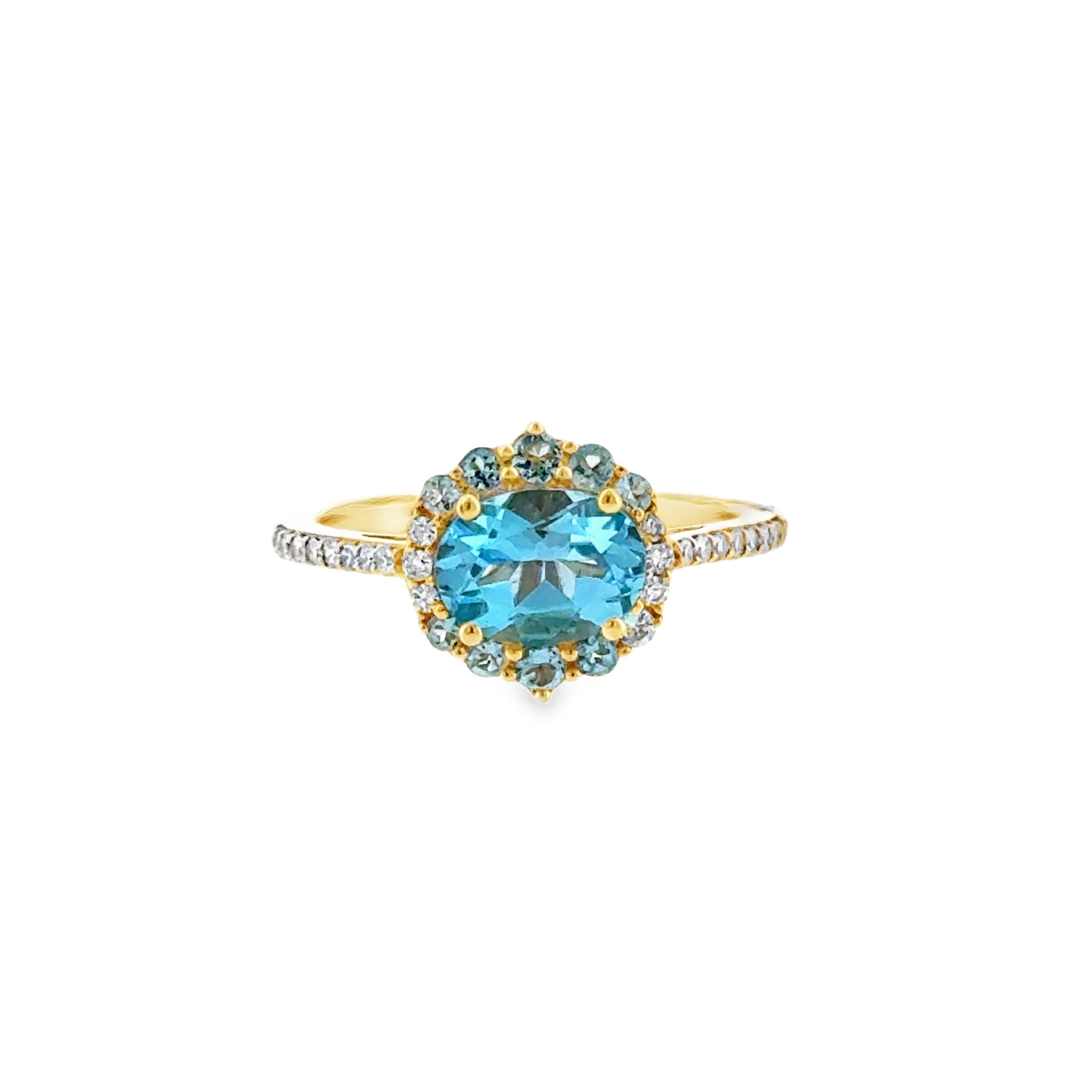 14 Karat Yellow Gold Fashion Ring with 1.75ctw Blue Topaz and .16ctw Round Diamonds