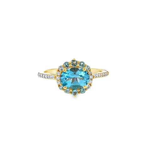14 Karat Yellow Gold Fashion Ring with 1.75ctw Blue Topaz and .16ctw Round Diamonds