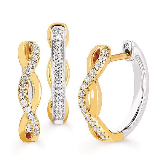 Lady's White/Yellow 10 Karat Reversible Hoops With Prong Set And Twist