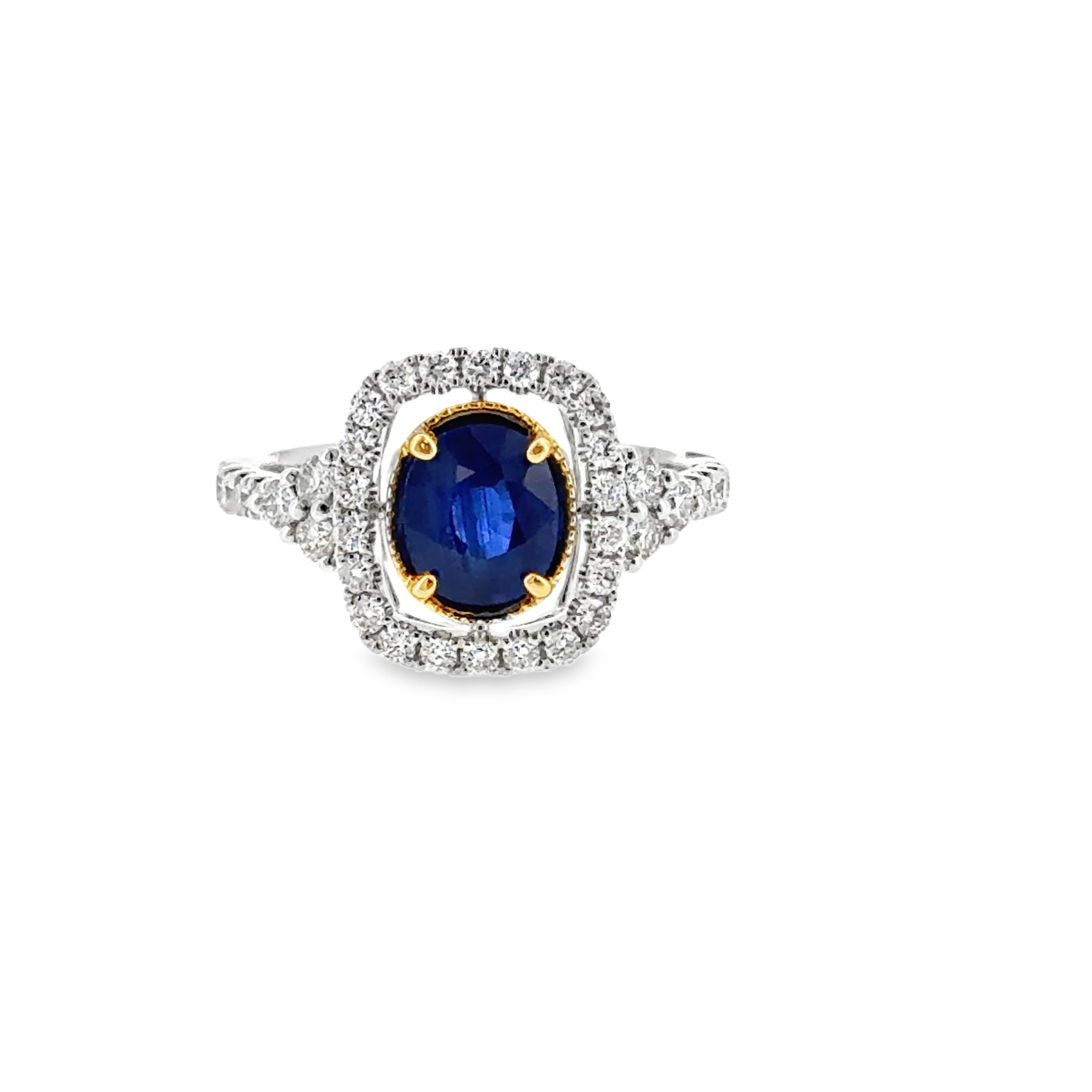 Platinum and 14 Karat Yellow Gold Halo Fashion Ring with 1.75ct Sapphire and .62ctw Diamonds