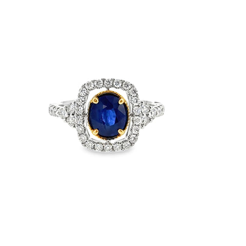 Platinum and 14 Karat Yellow Gold Halo Fashion Ring with 1.75ct Sapphire and .62ctw Diamonds