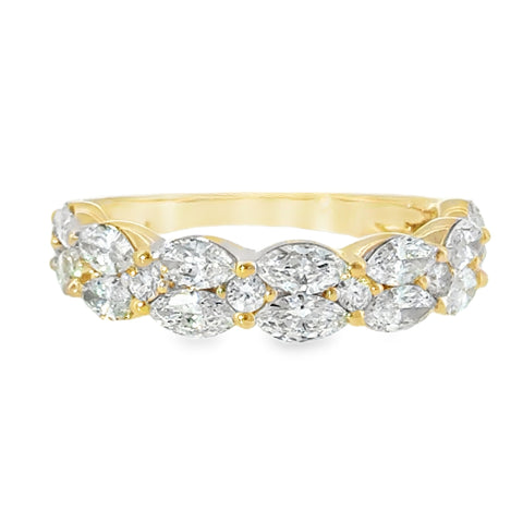 14 Karat Yellow Gold Double Row Anniversary Ring with 1.61ctw Marquise and Round Lab Created Diamonds