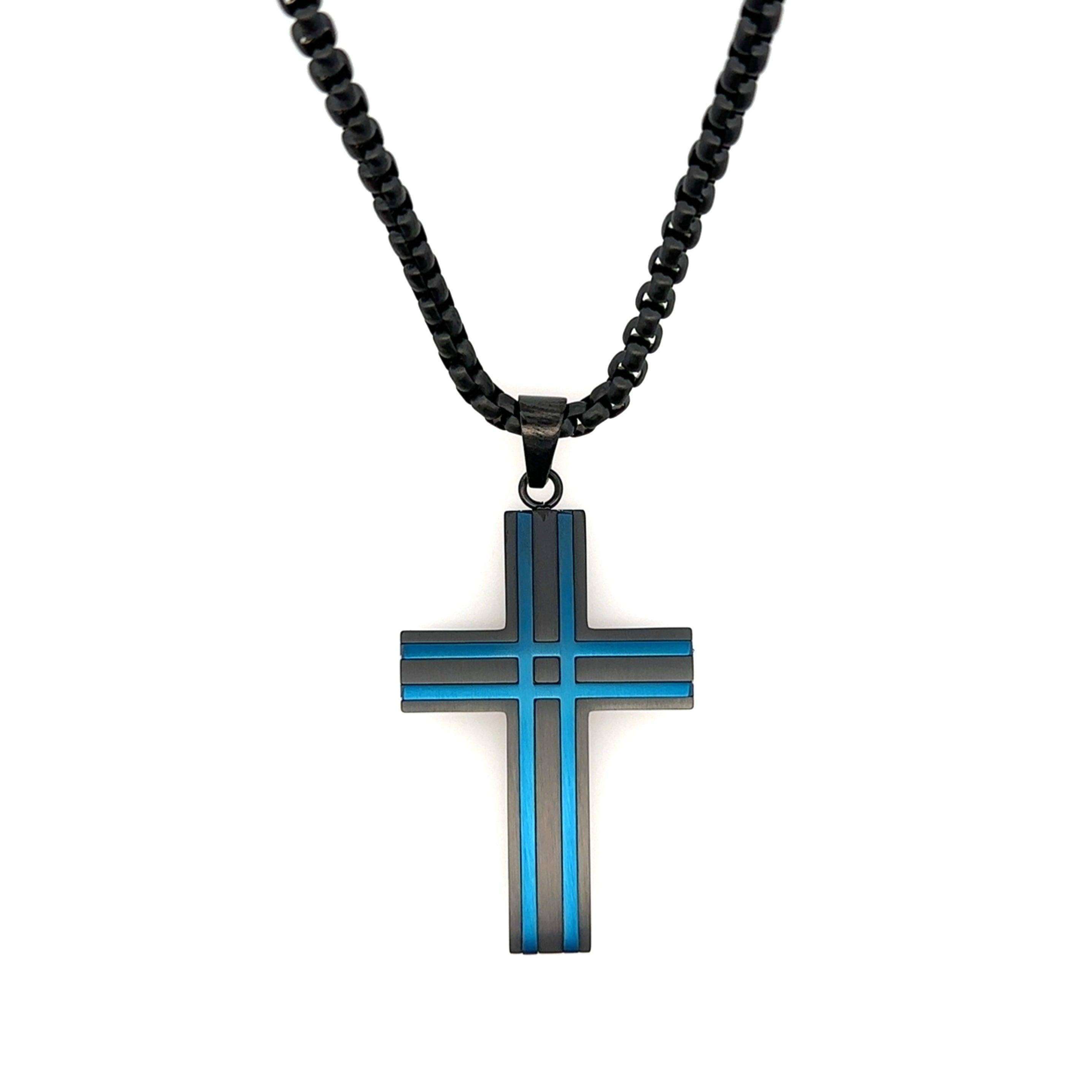 Steel Cross Pendant Black IP/BLU IP Matte Raised Round Box Chain 24"