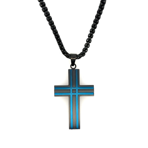 Steel Cross Pendant Black IP/BLU IP Matte Raised Round Box Chain 24"