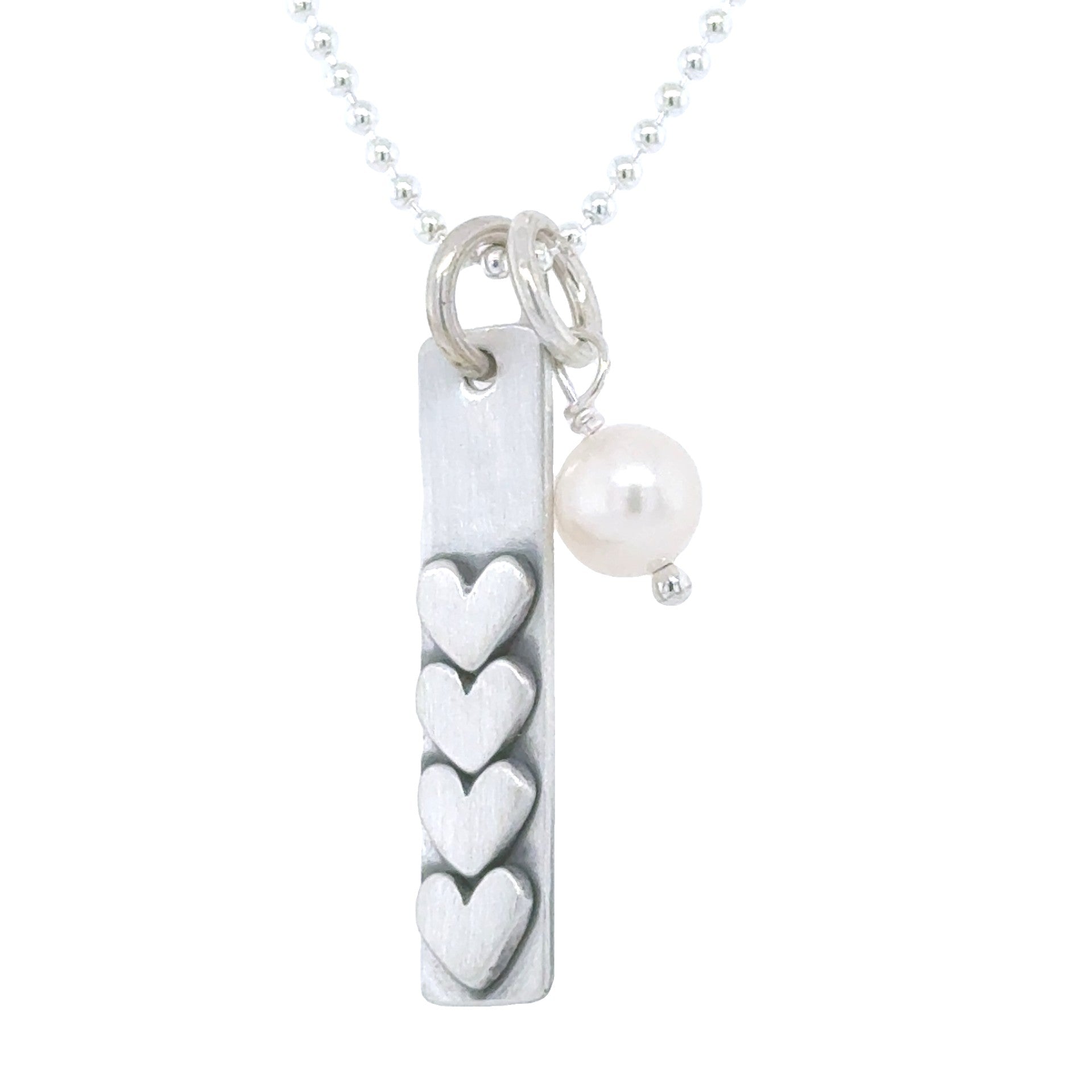 Love Stack With Four Hearts Necklace with Pearl Dangle Charm | 925 Sterling Silver