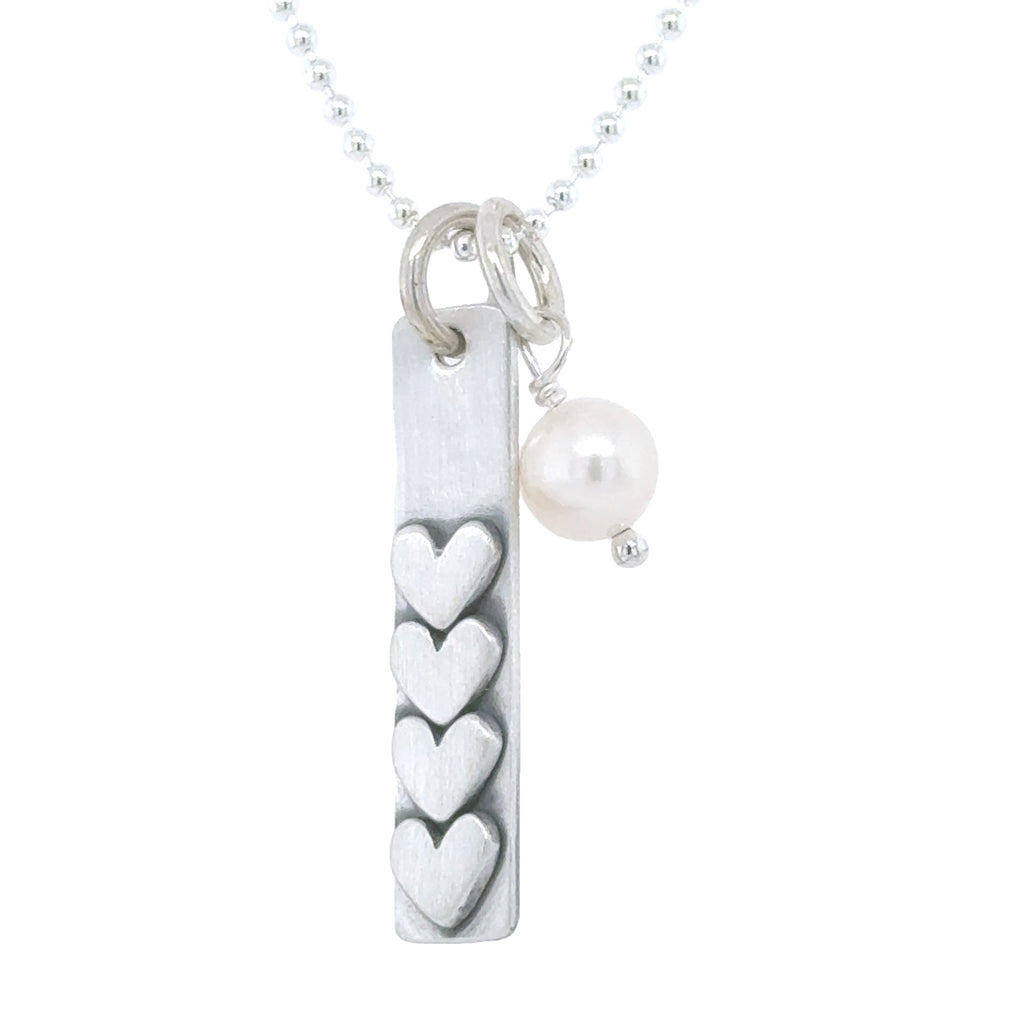 Love Stack With Four Hearts Necklace with Pearl Dangle Charm | 925 Sterling Silver