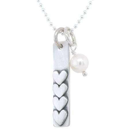 Love Stack With Four Hearts Necklace with Pearl Dangle Charm | 925 Sterling Silver