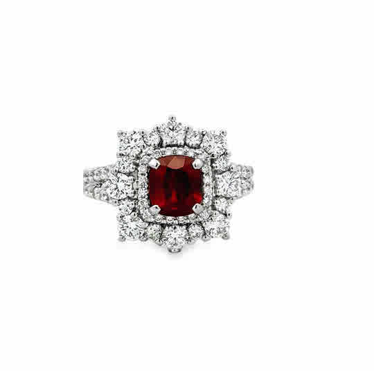 18 Karat White Gold Double Halo Fashion Ring with Ruby and Round Brilliant Cut Diamonds