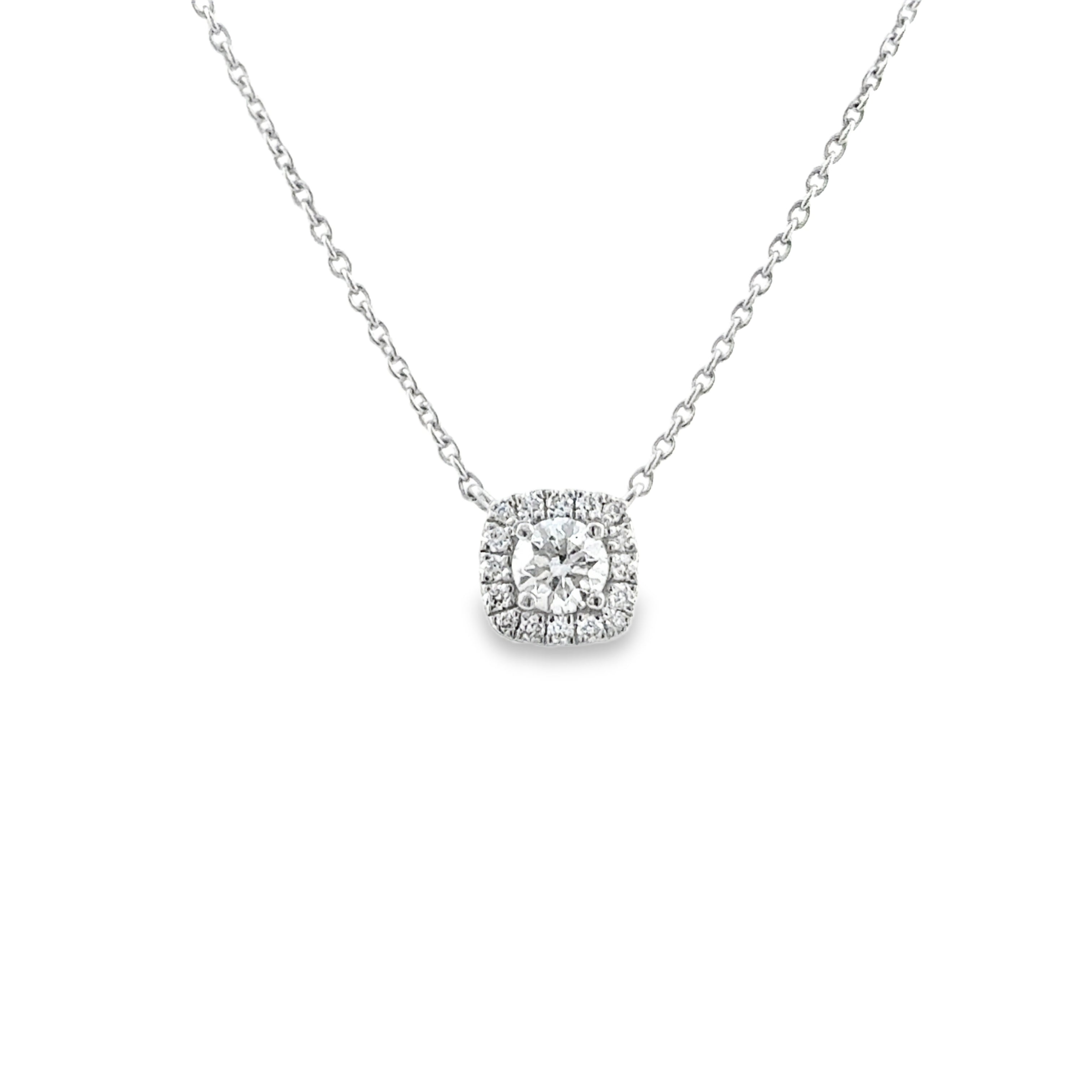 Lady's White 14 Karat Square Cluster, Stationary Necklace With 0.34Tw Round G/H Si1 Diamonds Purchases made from our Vendor Price case are not eligible for "complimentary" services. Standard ring sizings, setting fees, and yearly rhodium fees will be