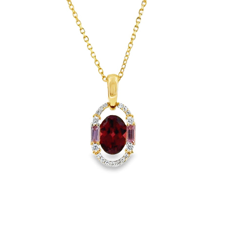 14 Karat Yellow Gold Modern Halo Pendant with .98ct Oval Garnet and .13ctw Pink Sapphires, .08ctw Round Diamonds