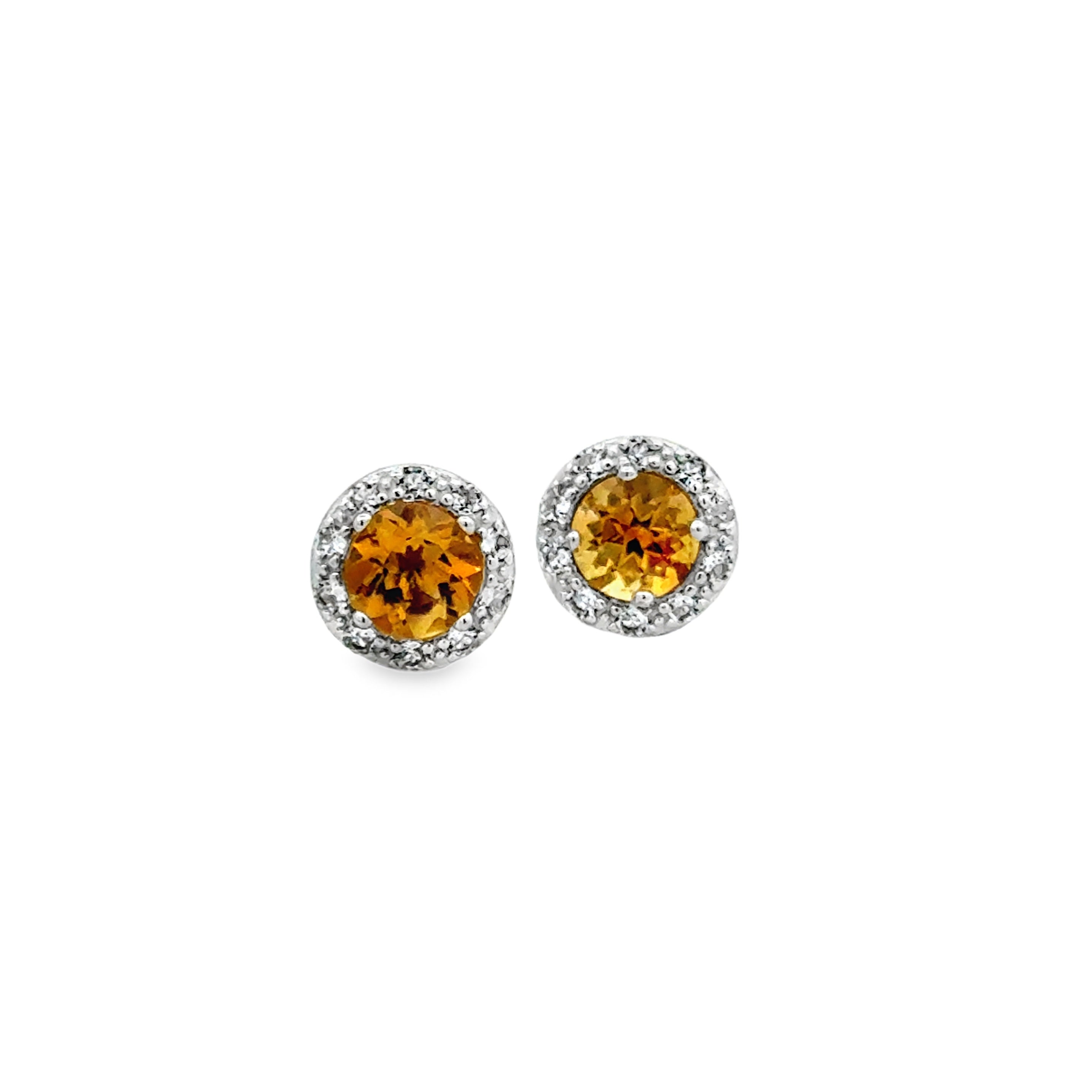 Sterling Silver Round Halo Stud Earrings with Citrine and White Topaz