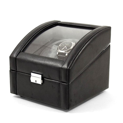 Black Leather Glass Lid Velour Lined Locking Dual Watch Winder with 2