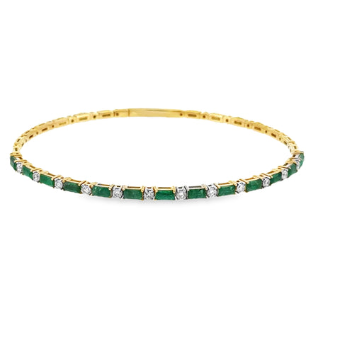 14 Karat Yellow Gold Bangle with Baguette Cut Emeralds and Round Diamonds