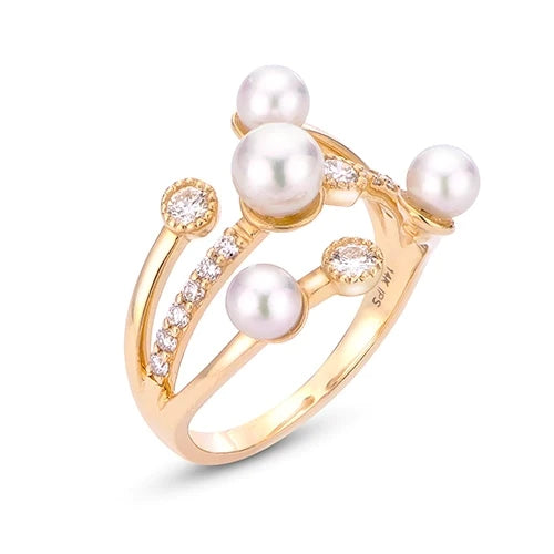 Lady's Yellow 14 Karat Fashion Ring Ring Size 6.5 With 4=3.50-5.50Mm Akoya Pearls And 13=0.35Tw Round G/H Si1 Diamonds