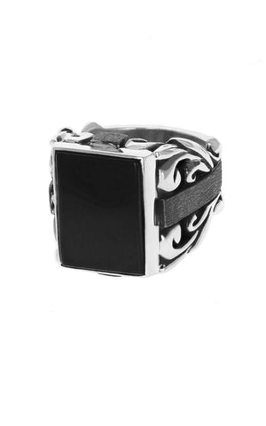 White Sterling Silver Statement Scroll Ring With Square Inset Onyx, Si