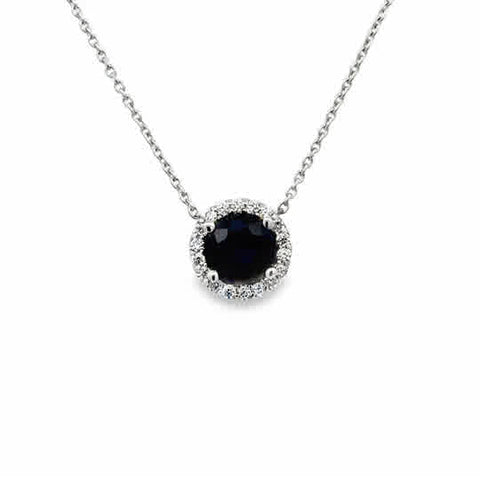 14 Karat White Gold Halo Pendant with 6x6mm, "AA" Round Cut Sapphire, with Round Brilliant Cut Diamonds