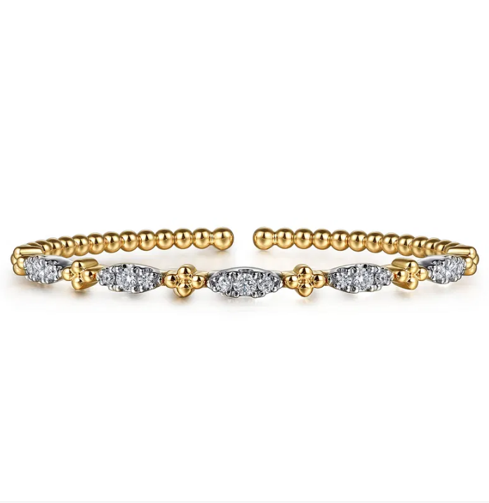 14K White-Yellow Gold Bujukan Beads and Diamond Station Split Bangle Bracelet with .74ctw Round Diamonds