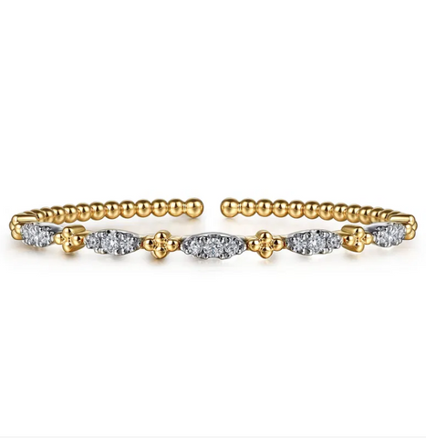 14K White-Yellow Gold Bujukan Beads and Diamond Station Split Bangle Bracelet with .74ctw Round Diamonds