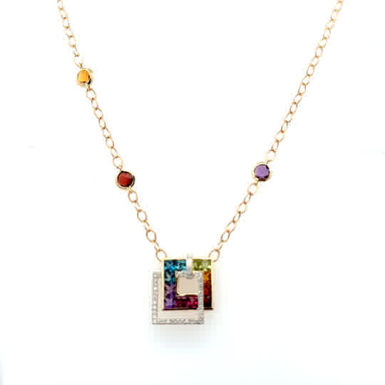 14ky Malibu Stationary Necklace 2.40ctw Multi Gemstones, and .29ctw Round Diamonds