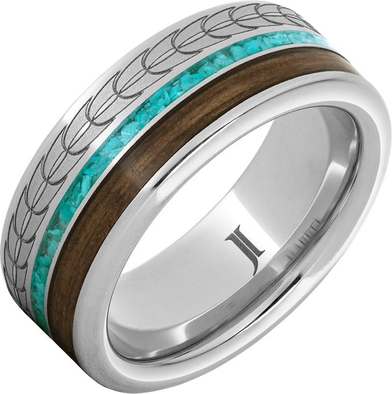 White Serenium 8Mm Flat, With 1Mm Turquoise, 2Mm Bourbon, And Feather Wedding Band Size 9.5