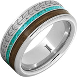 White Serenium 8Mm Flat, With 1Mm Turquoise, 2Mm Bourbon, And Feather Wedding Band Size 9.5