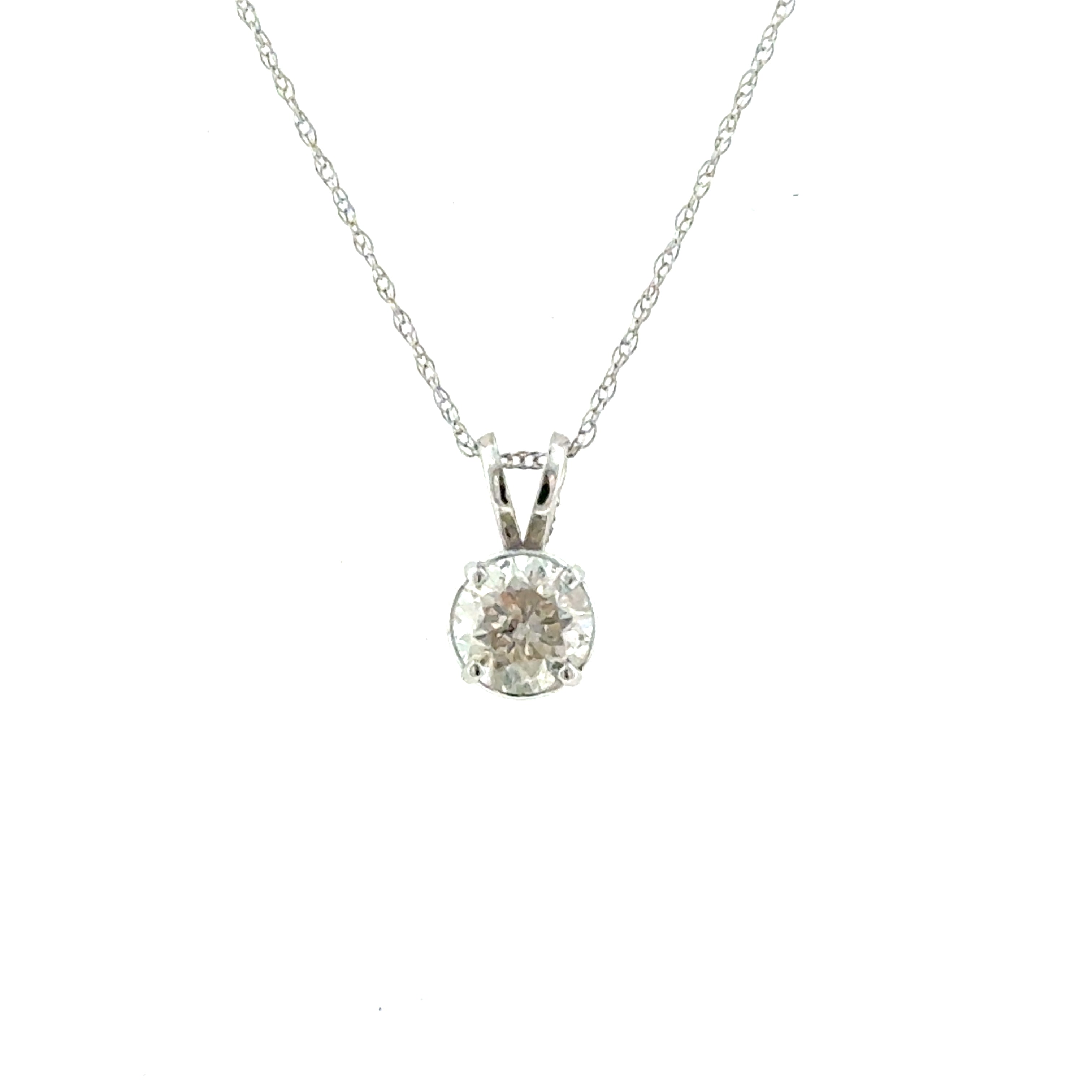 White 14 Karat Four Prong Pendant With One = 0.72Ct Round J/K I2 Diamond 

Style: VP Rope
Metal: 14 Karat
Color: White
Finish: Polished