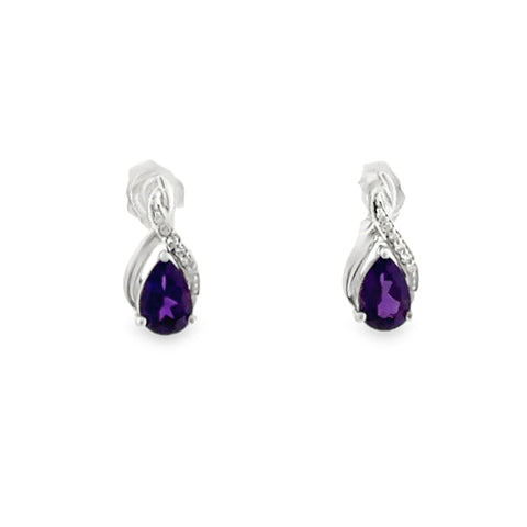 Sterling Silver Twist Earrings with .88ctw Pear Cut Amethyst and .04ctw Round Brilliant Cut Diamonds