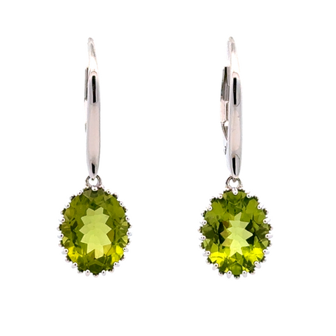Lady's White Sterling Silver Oval Dangle Earrings With 2 Oval Peridots