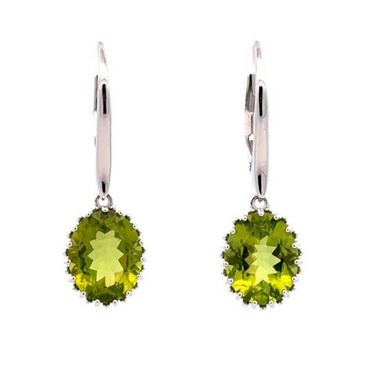 Lady's White Sterling Silver Oval Dangle Earrings With 2 Oval Peridots