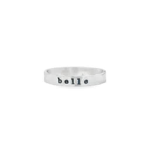 Lady's White Sterling Silver Hammered Skinny Message Name Ring

-Ava